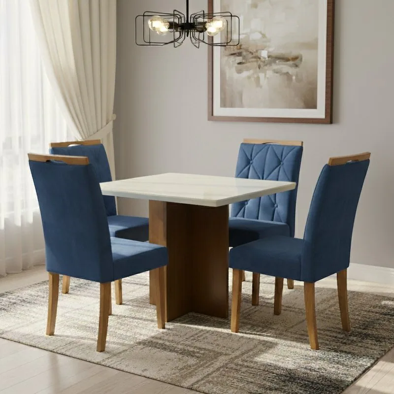 Mesa Salinas/Helô/Los Angeles 90 Cinamomo/Off White com 4 Cadeiras Yasmim Veludo Azul – CEL MÓVEIS + KM DECOR