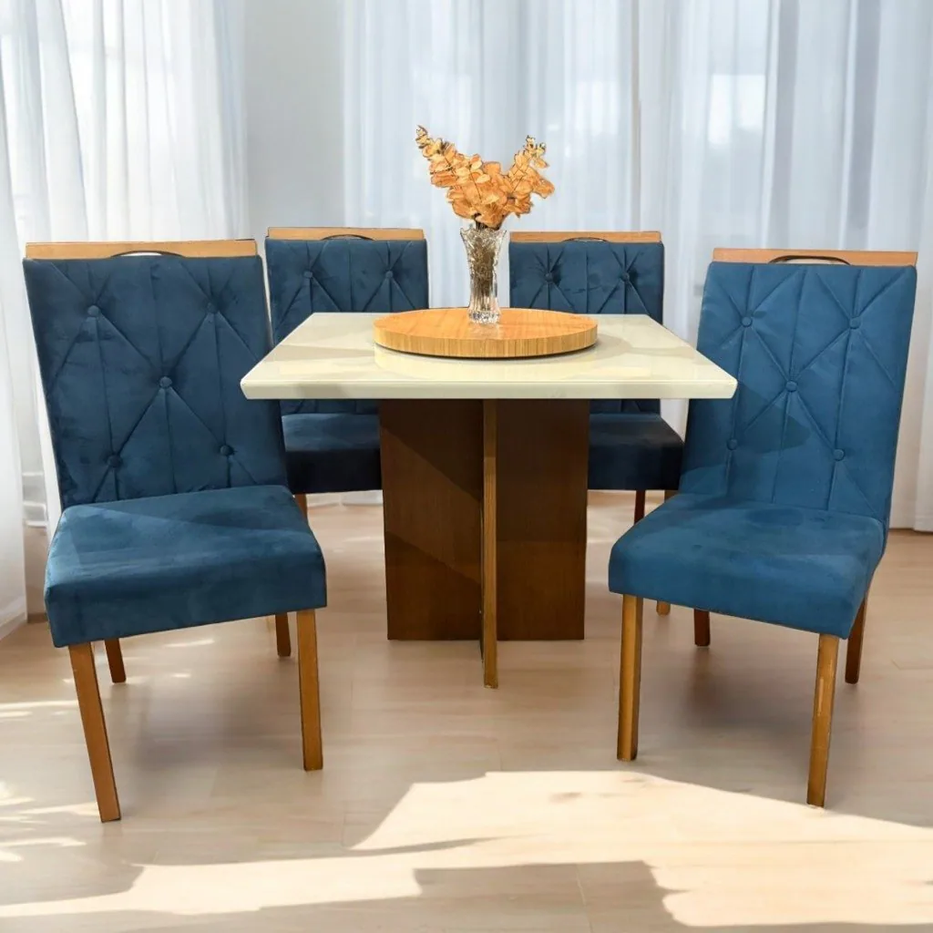 Mesa Salinas/Helô/Los Angeles 120 Cinamomo/Off White com 4 Cadeiras Yasmim Veludo Azul – AVALON DECOR + KM DECOR