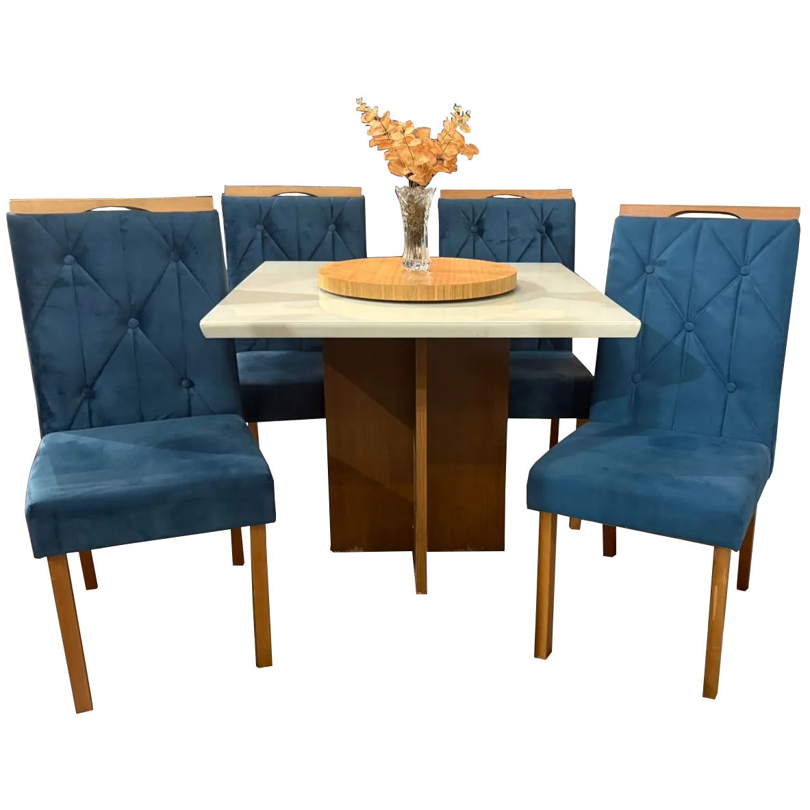Mesa Salinas/Helô/Los Angeles 120 Cinamomo/Off White com 4 Cadeiras Yasmim Veludo Azul – AVALON DECOR + KM DECOR