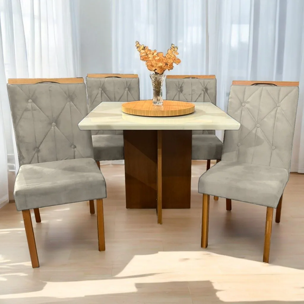 Mesa Salinas/Helô/Los Angeles 120 Cinamomo/Off White com 4 Cadeiras Yasmim Veludo Bege – AVALON DECOR + KM DECOR