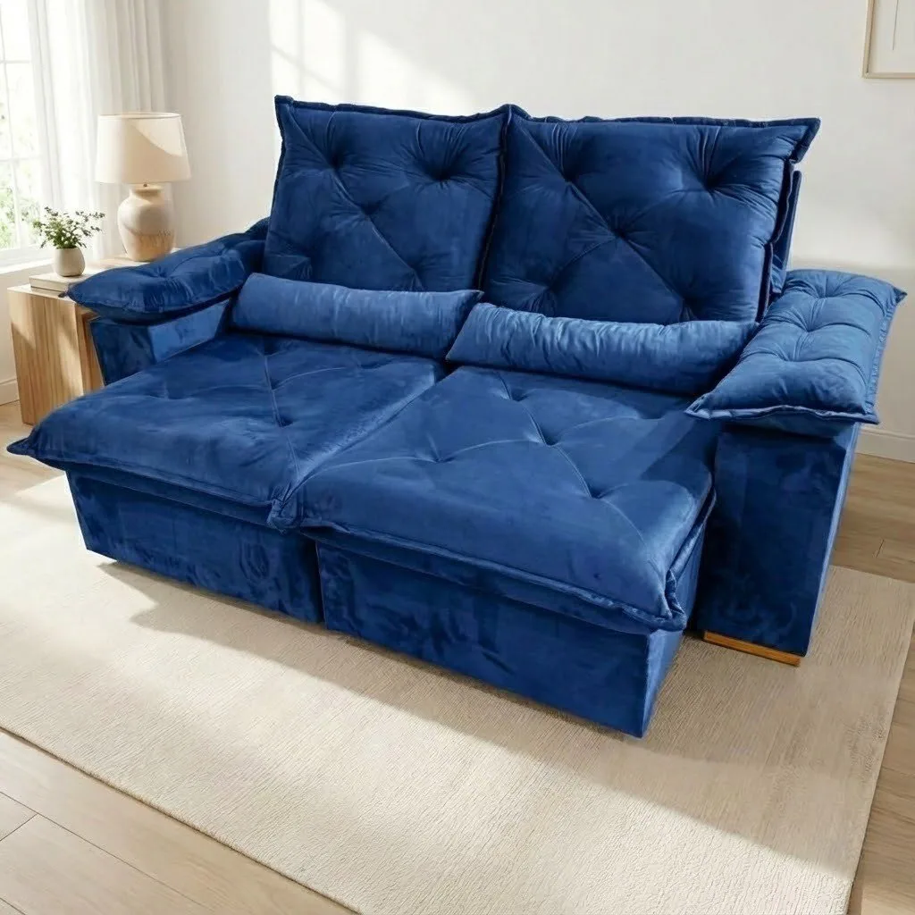 Sofá Retrátil e Reclinável Porto Madero/Brasão 2,00 m Veludo Azul – IMPERIAL DECOR