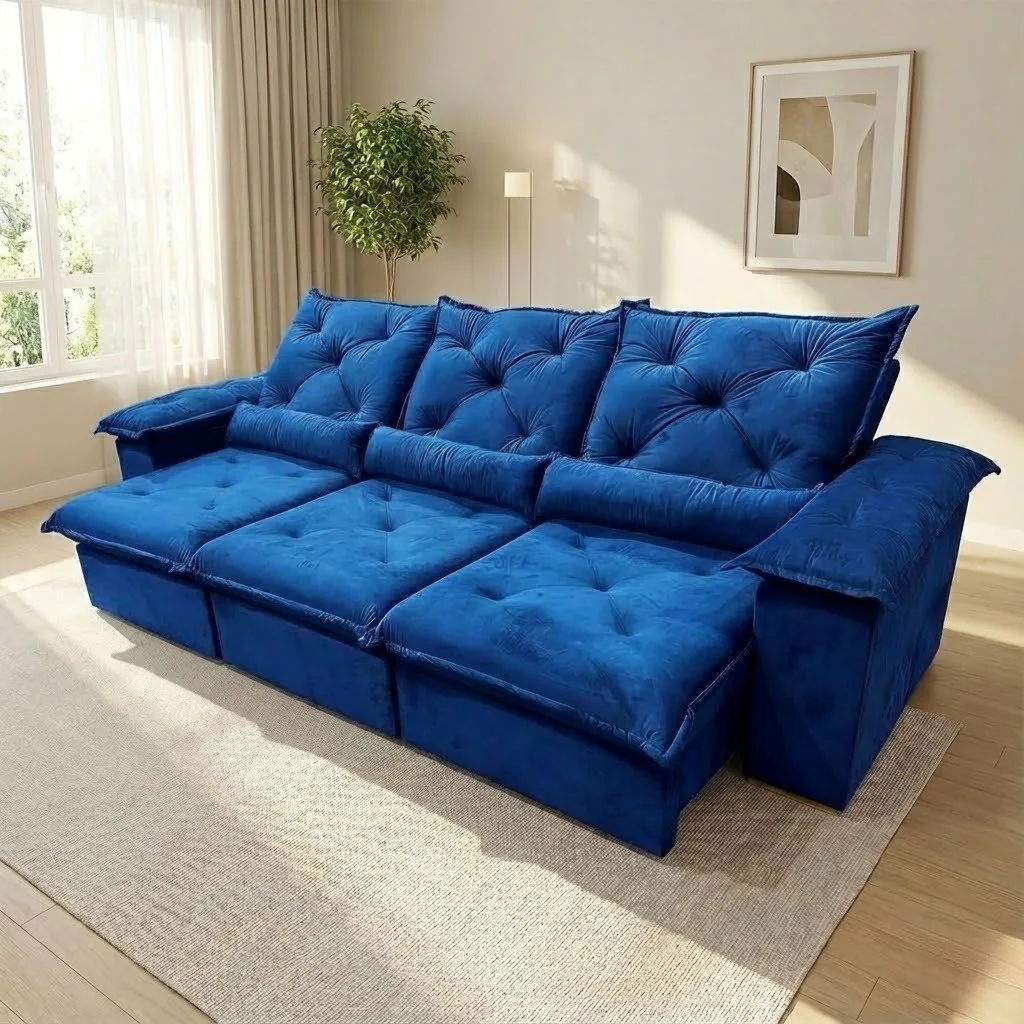 Sofá Retrátil e Reclinável Porto Madero/Brasão 2,75 m Veludo Azul – IMPERIAL DECOR