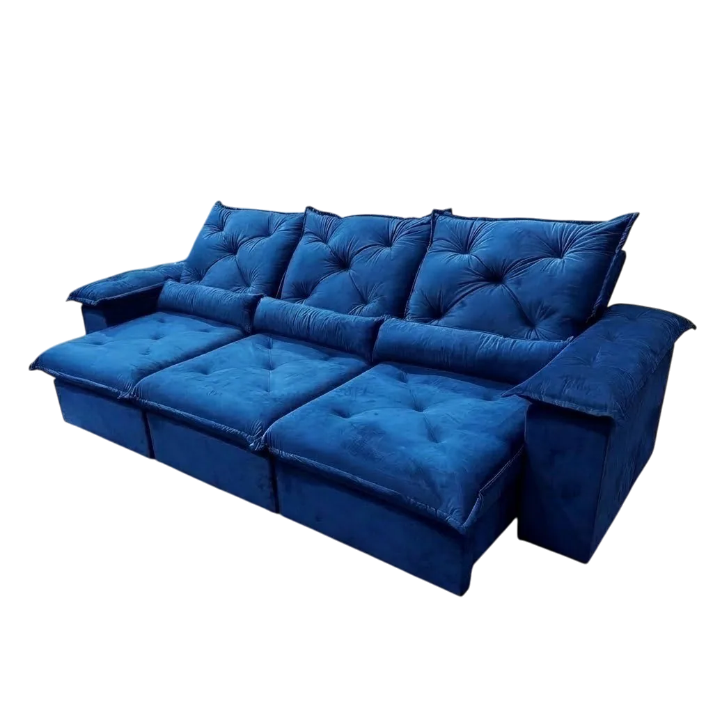 Sofá Retrátil e Reclinável Porto Madero/Brasão 2,75 m Veludo Azul – IMPERIAL DECOR