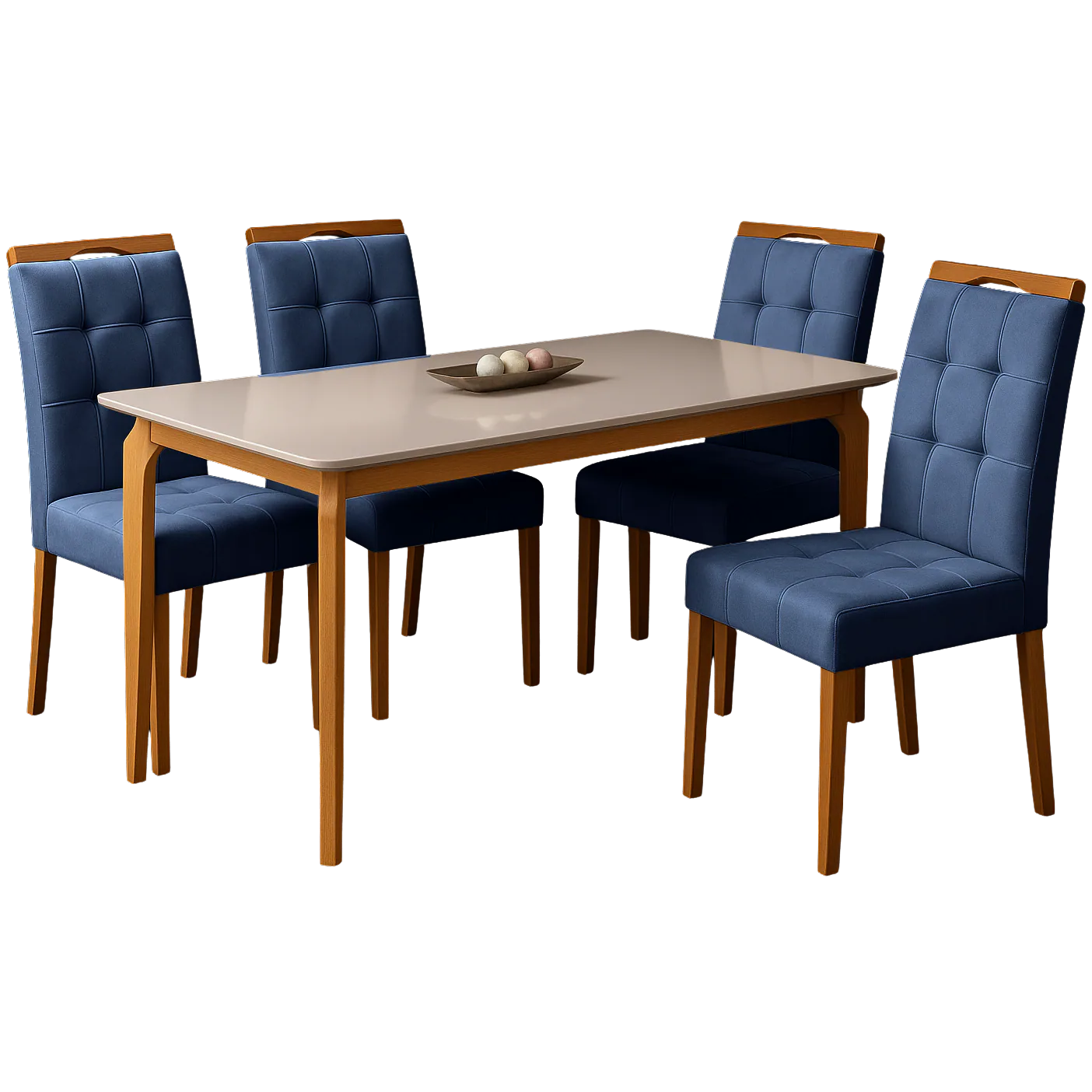 Mesa Alegra 120 Cinamomo/Off White com 4 Cadeiras Sophia Veludo Azul – JCM MOVELARIA + WM DECOR