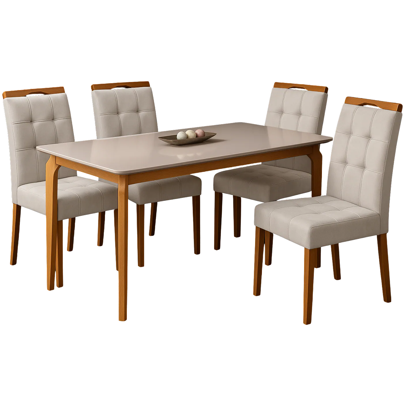 Mesa Alegra 120 Cinamomo/Off White com 4 Cadeiras Sophia Veludo Bege – JCM MOVELARIA + WM DECOR