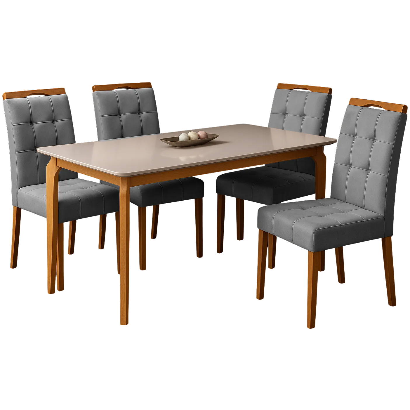 Mesa Alegra 120 Cinamomo/Off White com 4 Cadeiras Sophia Veludo Cinza Grafite – JCM MOVELARIA + WM DECOR