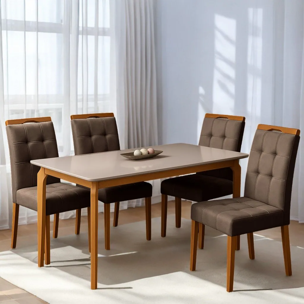Mesa Alegra 120 Cinamomo/Off White com 4 Cadeiras Sophia Veludo Marrom – JCM MOVELARIA + WM DECOR