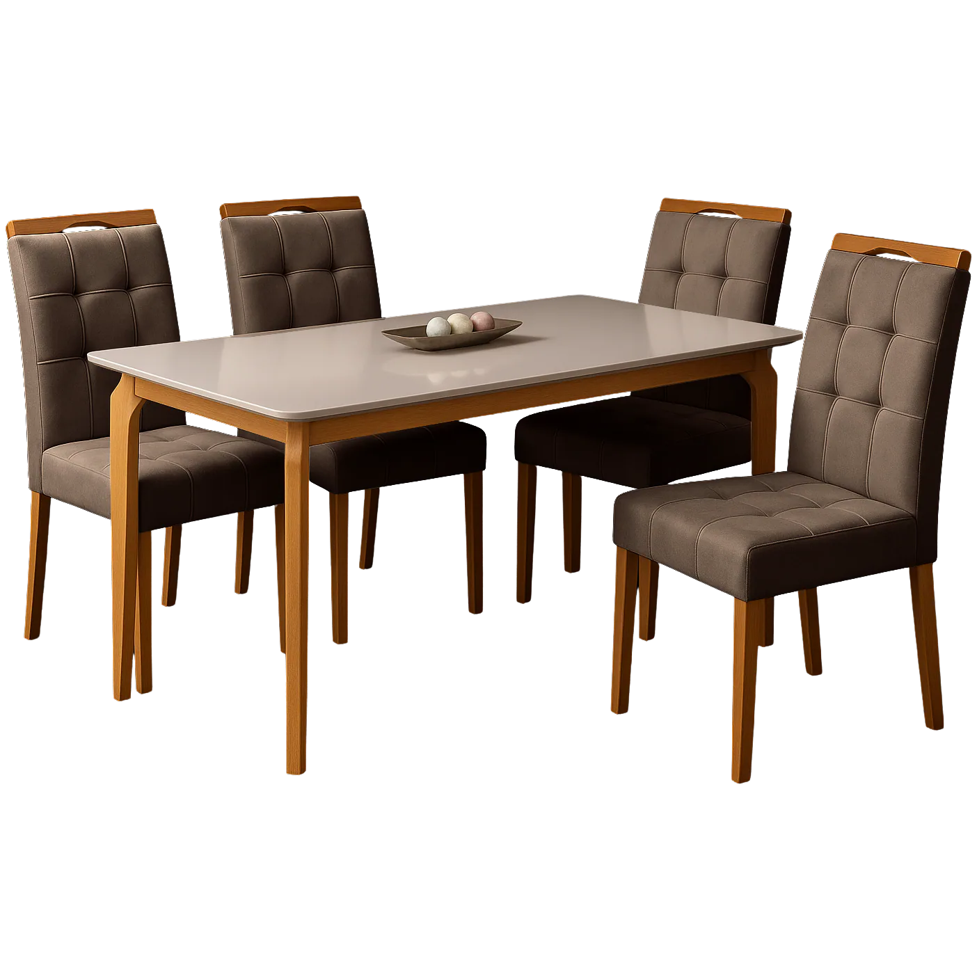 Mesa Alegra 120 Cinamomo/Off White com 4 Cadeiras Sophia Veludo Marrom – JCM MOVELARIA + WM DECOR