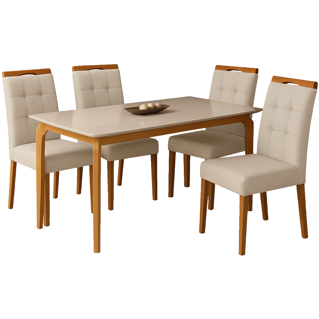 Mesa Alegra 120 Cinamomo/Off White com 4 Cadeiras Sophia Linho Bege 200 – JCM MOVELARIA + WM DECOR