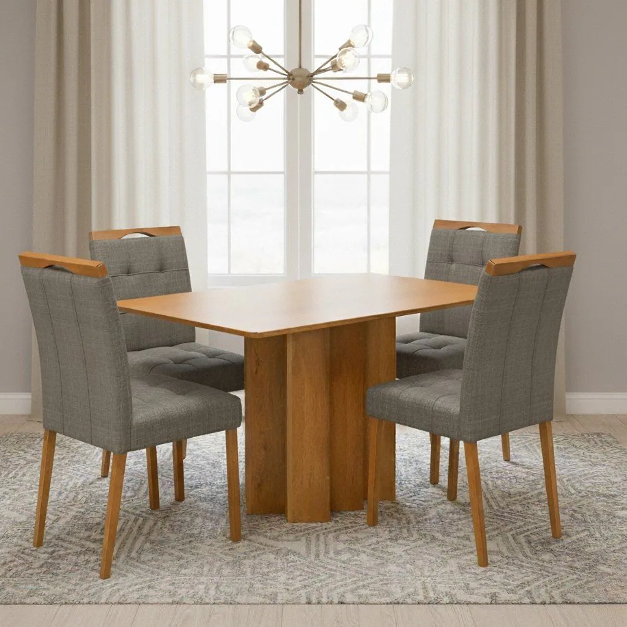 Mesa Recife 120 Cinamomo Laminado com 4 Cadeiras Sophia Linho Cinza Grafite 206 – CEL MÓVEIS + WM DECOR