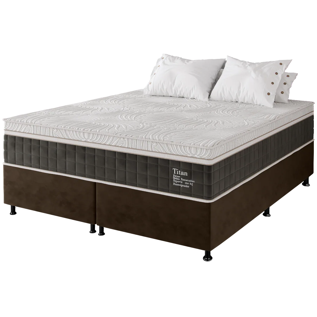 Colchão Queen Massageador Titan/Thor 34 cm D28 Molas Ensacadas + Base Box Simples Corino Marrom – VIERO + ALTO NÍVEL