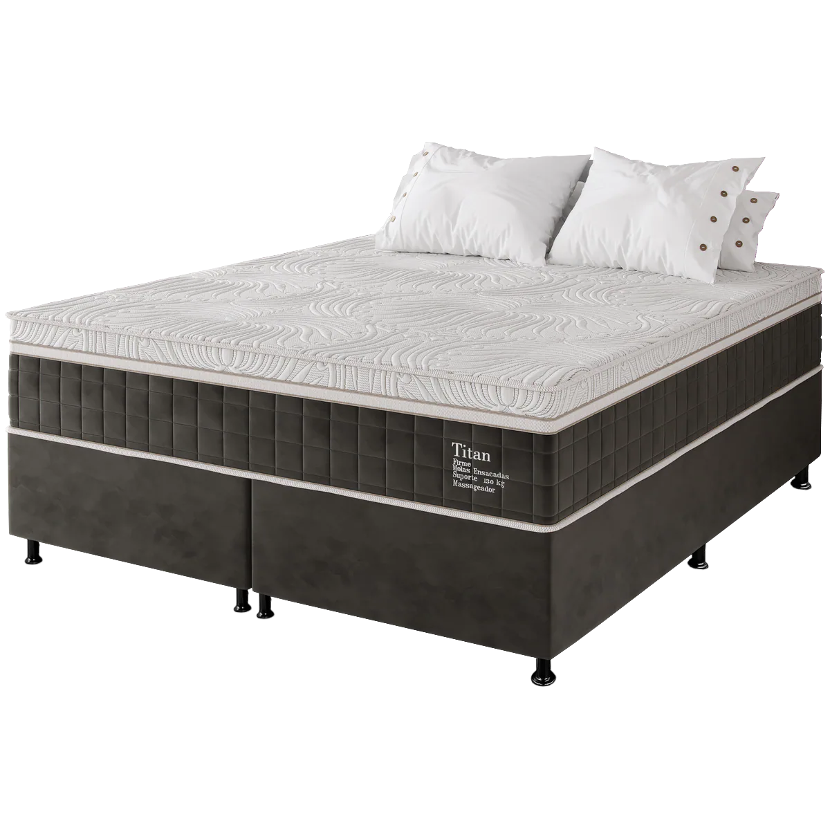 Colchão Queen Massageador Titan/Thor 34 cm D28 Molas Ensacadas + Base Box Simples Corino Preto – VIERO + ALTO NÍVEL