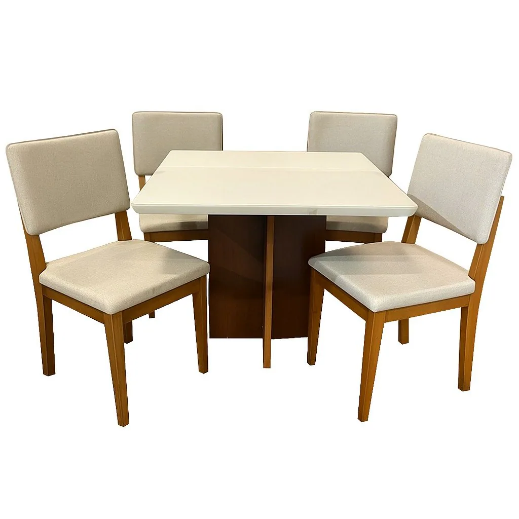 Mesa Salinas 120 Cinamomo/Off White com 4 Cadeiras Pérola Linho Bege – CEL MÓVEIS + DOBUÊ MOVELARIA