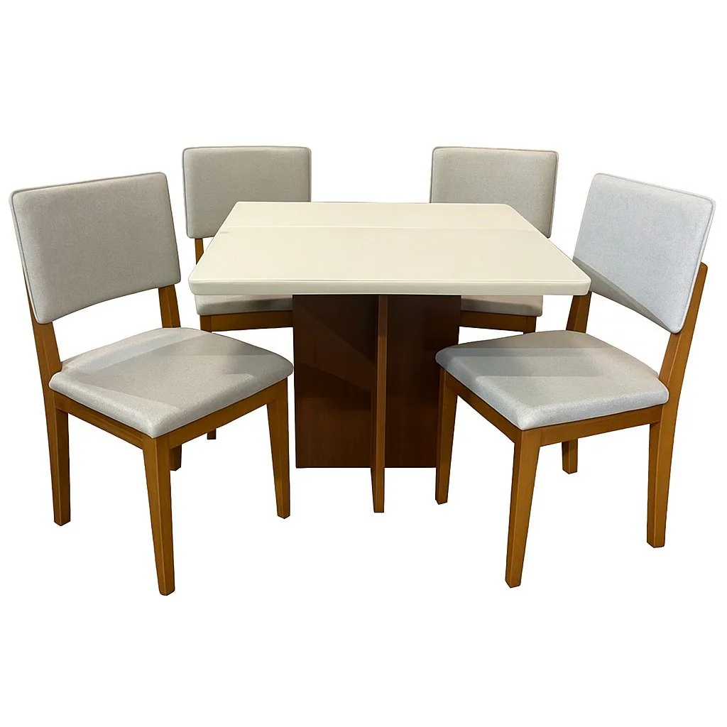 Mesa Salinas 120 Cinamomo/Off White com 4 Cadeiras Pérola Linho Cinza Prata – CEL MÓVEIS + DOBUÊ MOVELARIA