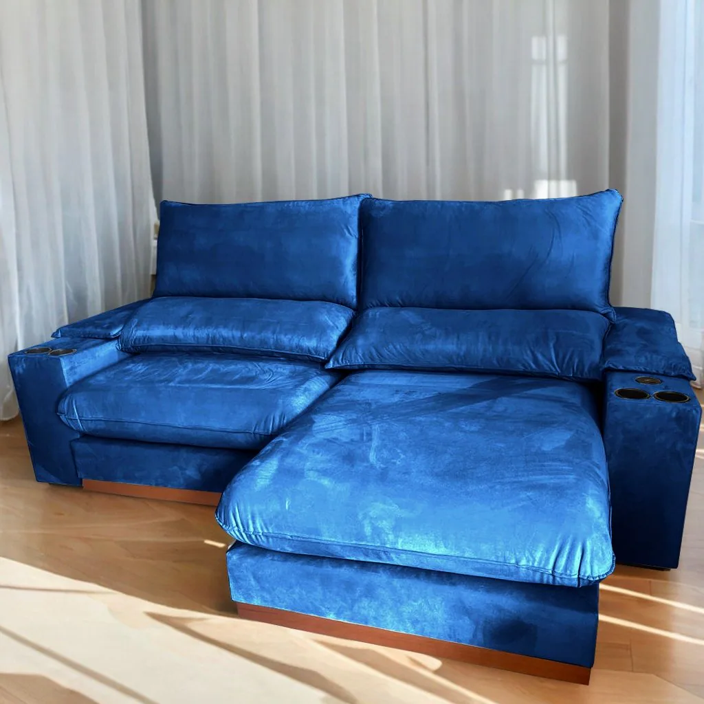 Sofá Retrátil e Reclinável Grazi 2,50 m Veludo Azul 3740 – UNIART ESTOFADOS