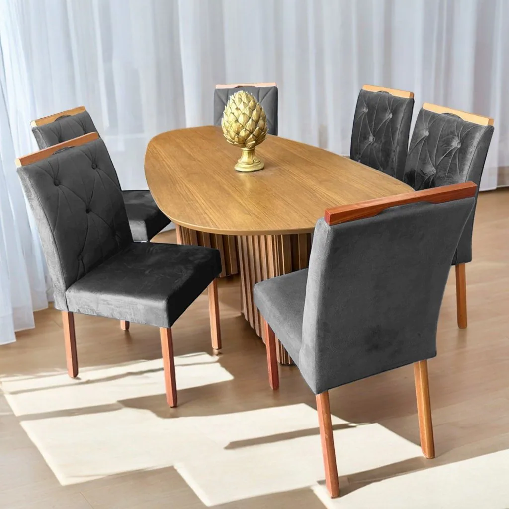 Mesa Isis 180 Freijó com 6 Cadeiras Yasmim Veludo Cinza Grafite – LEIFER + KM DECOR