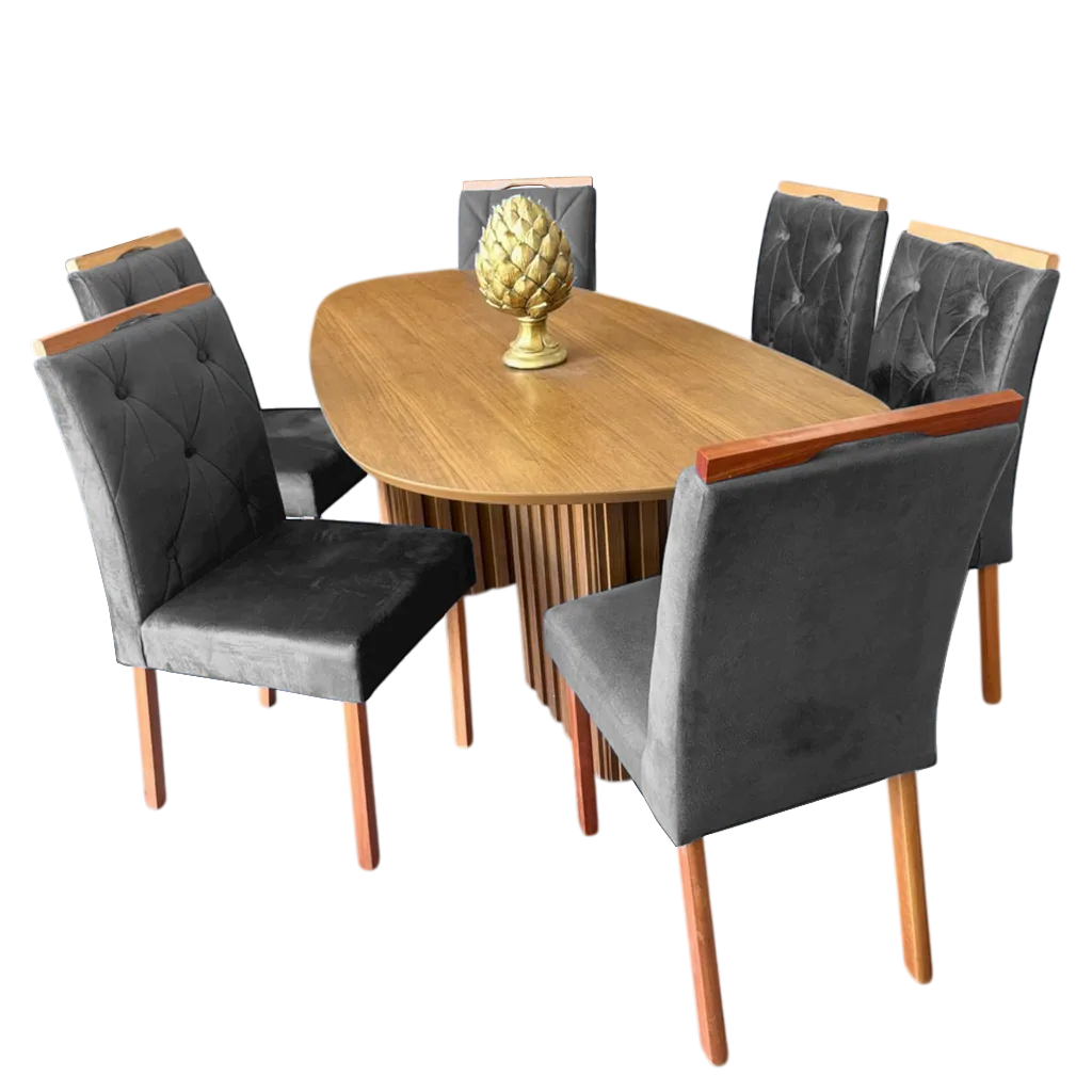 Mesa Isis 180 Freijó com 6 Cadeiras Yasmim Veludo Cinza Grafite – LEIFER + KM DECOR