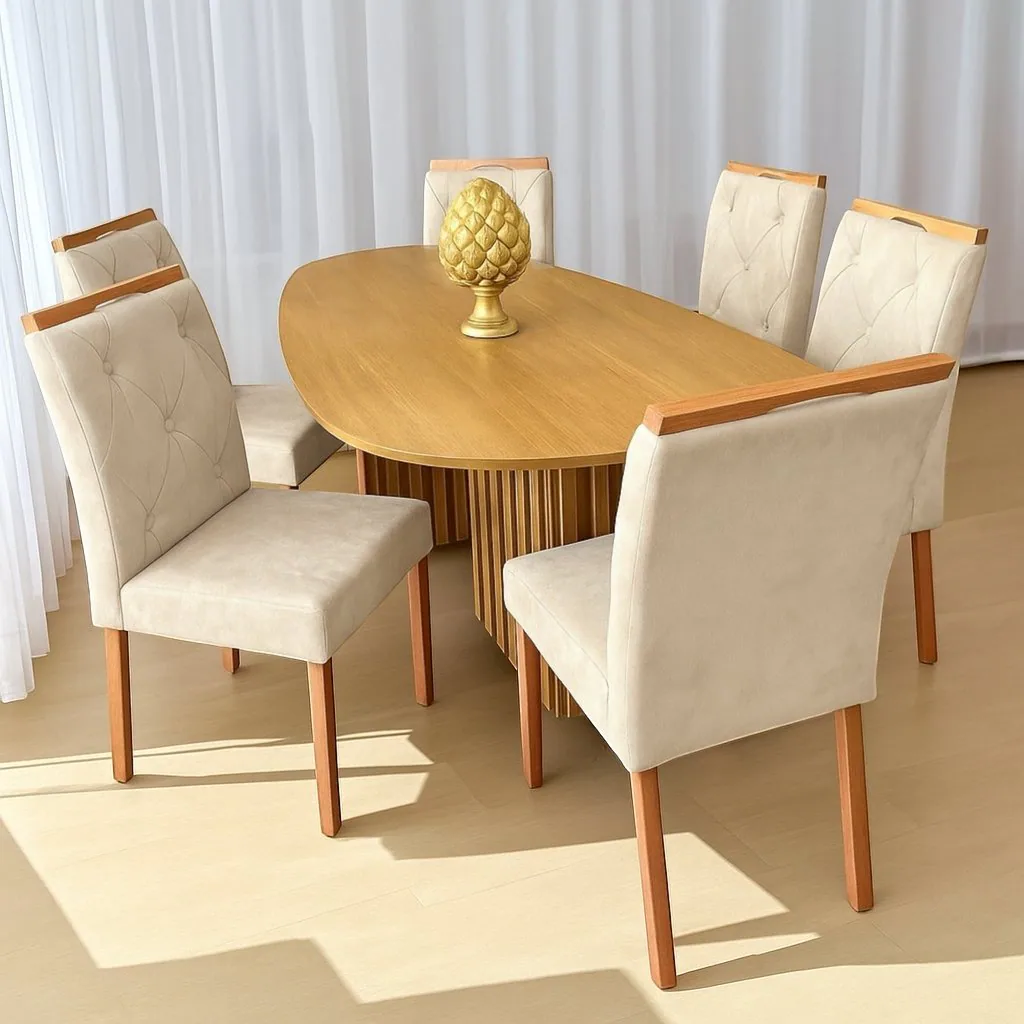 Mesa Isis 180 Freijó com 6 Cadeiras Yasmim Veludo Cinza Bege – LEIFER + KM DECOR