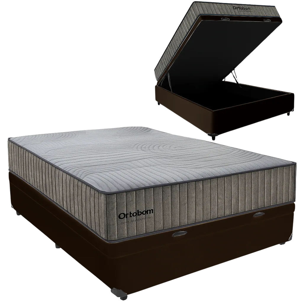 Colchão Casal Exclusive Foam HR33 + Base Box Baú Corino Marrom – ORTOBOM + BIOSTAR
