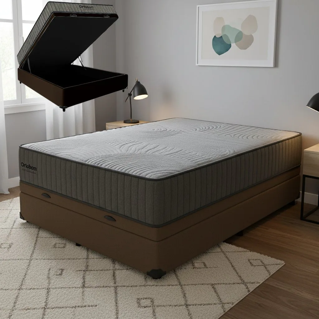 Colchão Casal Exclusive Foam HR33 + Base Box Baú Corino Marrom – ORTOBOM + BIOSTAR