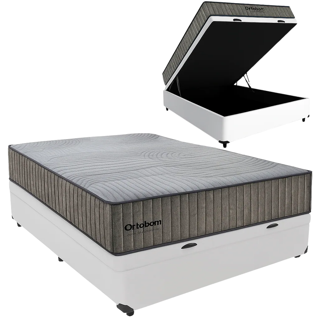 Colchão Casal Exclusive Foam HR33 + Base Box Baú Corino Branco – ORTOBOM + BIOSTAR