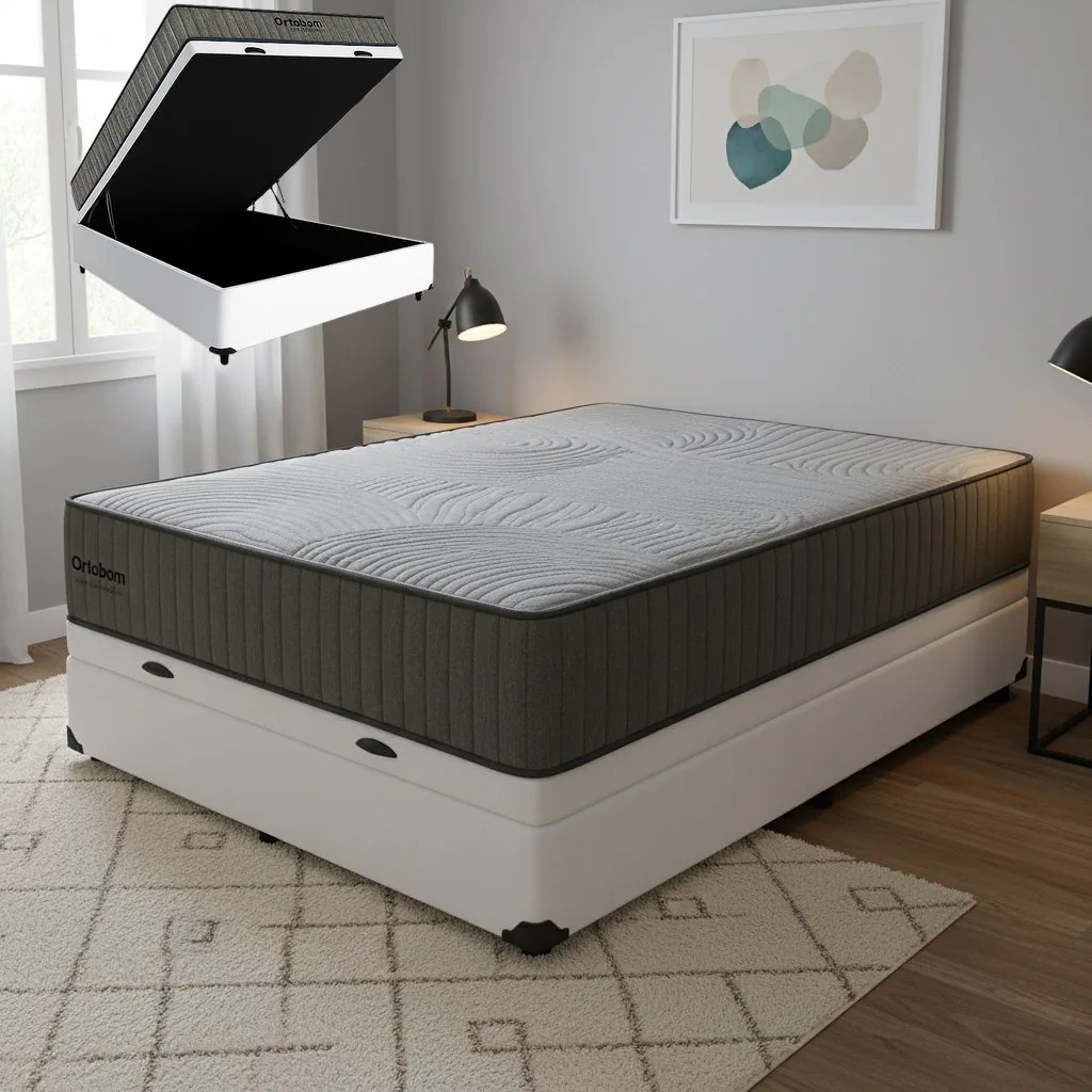 Colchão Casal Exclusive Foam HR33 + Base Box Baú Corino Branco – ORTOBOM + BIOSTAR