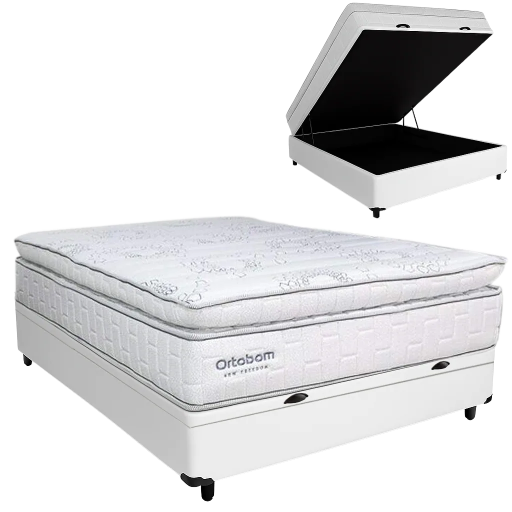 Colchão Casal New Freedom 32 cm D33 Molas Ensacadas + Base Baú Corino Branco – ORTOBOM + BIOSTAR