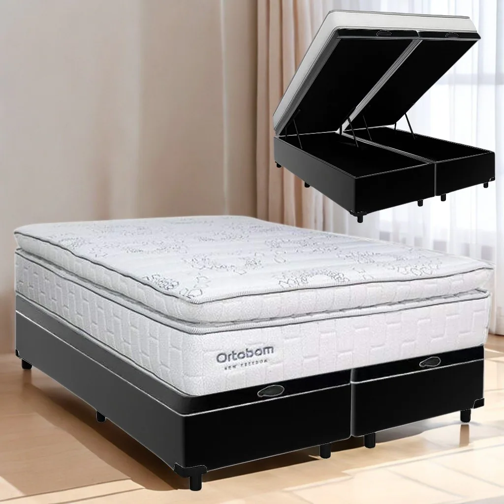 Colchão Queen New Freedom 32 cm D33 Molas Ensacadas + Base Baú Corino Preto – ORTOBOM + BIOSTAR