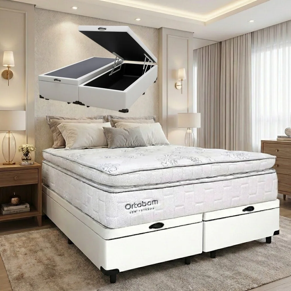 Colchão Queen New Freedom 32 cm D33 Molas Ensacadas + Base Baú Corino Branco – ORTOBOM + ALTO NÍVEL