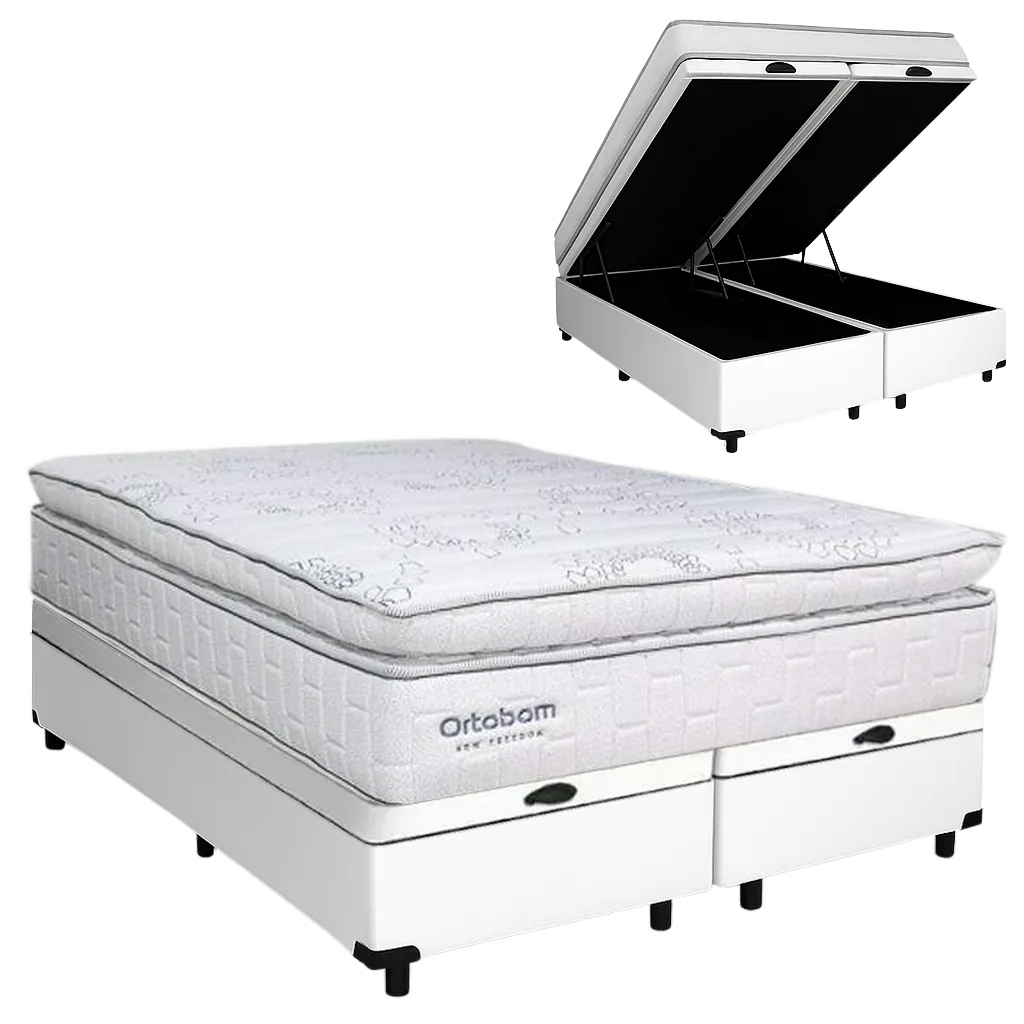 Colchão Queen New Freedom 32 cm D33 Molas Ensacadas + Base Baú Corino Branco – ORTOBOM + ALTO NÍVEL