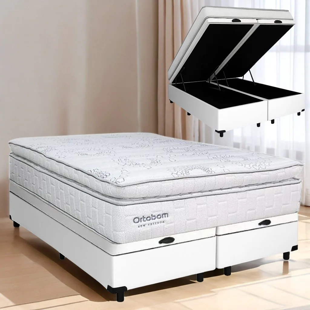 Colchão Queen New Freedom 32 cm D33 Molas Ensacadas + Base Baú Corino Branco – ORTOBOM + ALTO NÍVEL