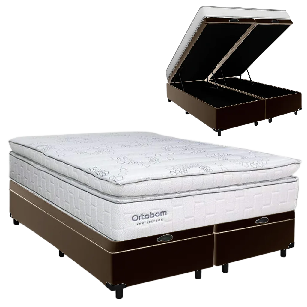 Colchão Queen New Freedom 32 cm D33 Molas Ensacadas + Base Baú Corino Marrom – ORTOBOM + ALTO NÍVEL