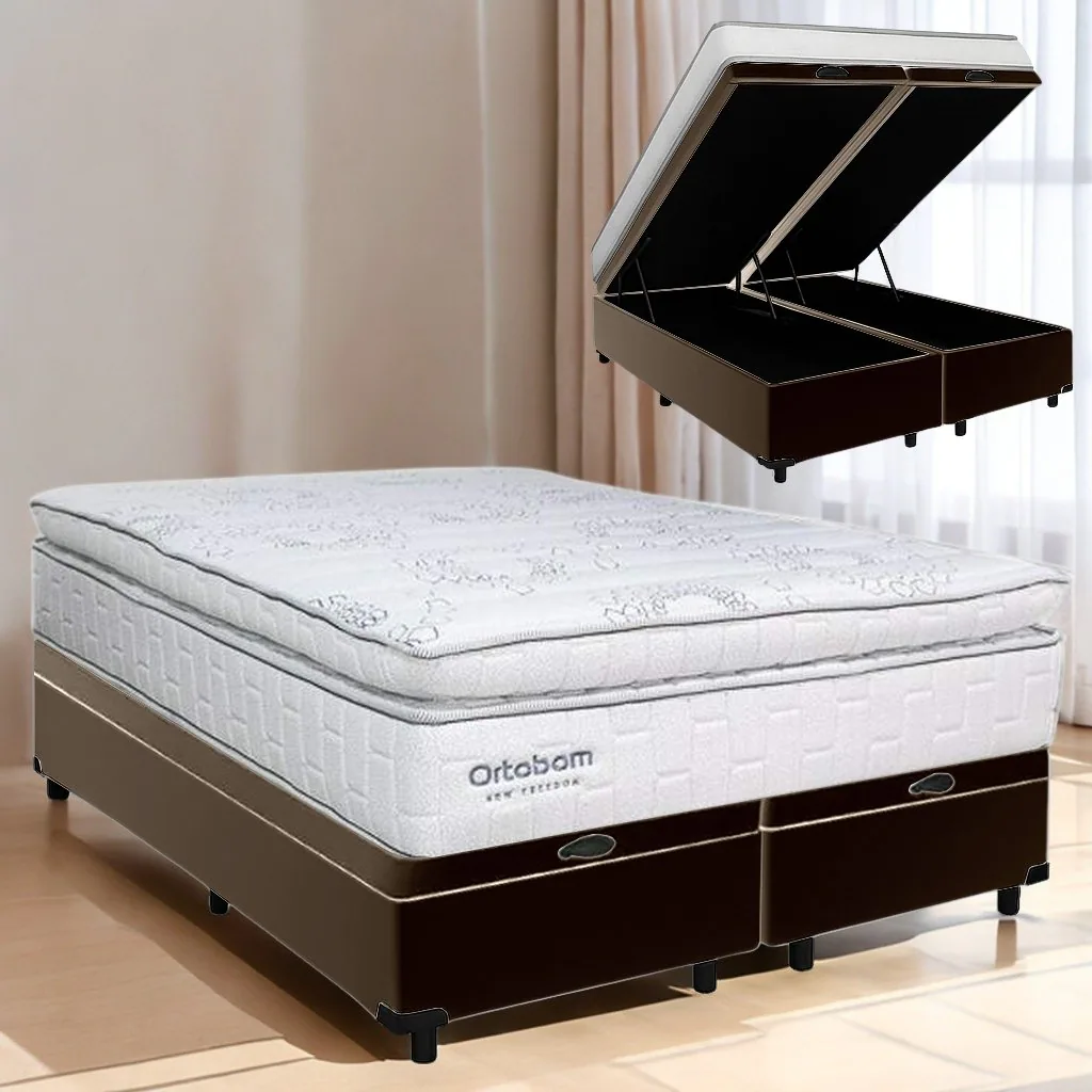 Colchão Queen New Freedom 32 cm D33 Molas Ensacadas + Base Baú Corino Marrom – ORTOBOM + ALTO NÍVEL