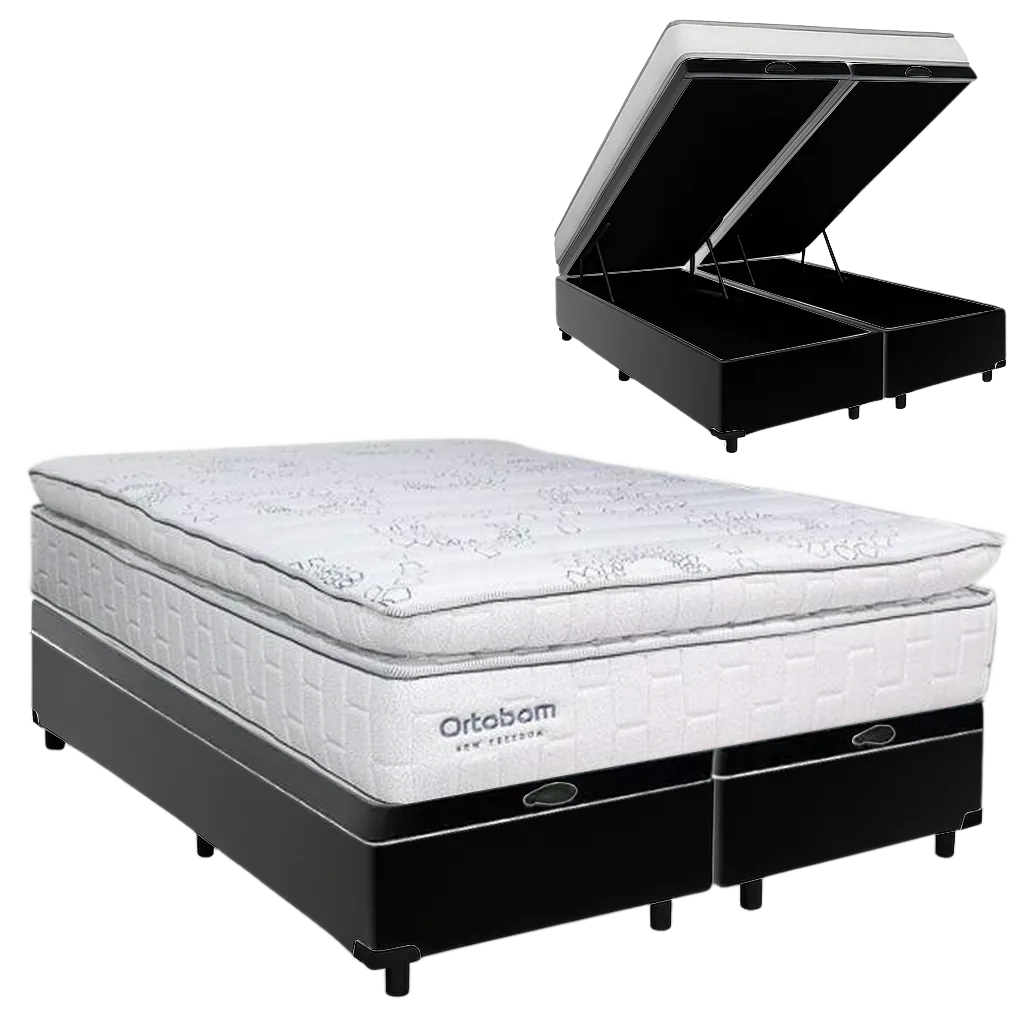Colchão Queen New Freedom 32 cm D33 Molas Ensacadas + Base Baú Corino Preto – ORTOBOM + ALTO NÍVEL