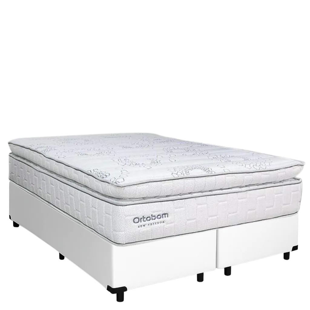 Colchão Queen New Freedom 32 cm D33 Molas Ensacadas + Base Simples Corino Branco – ORTOBOM + ALTO NÍVEL