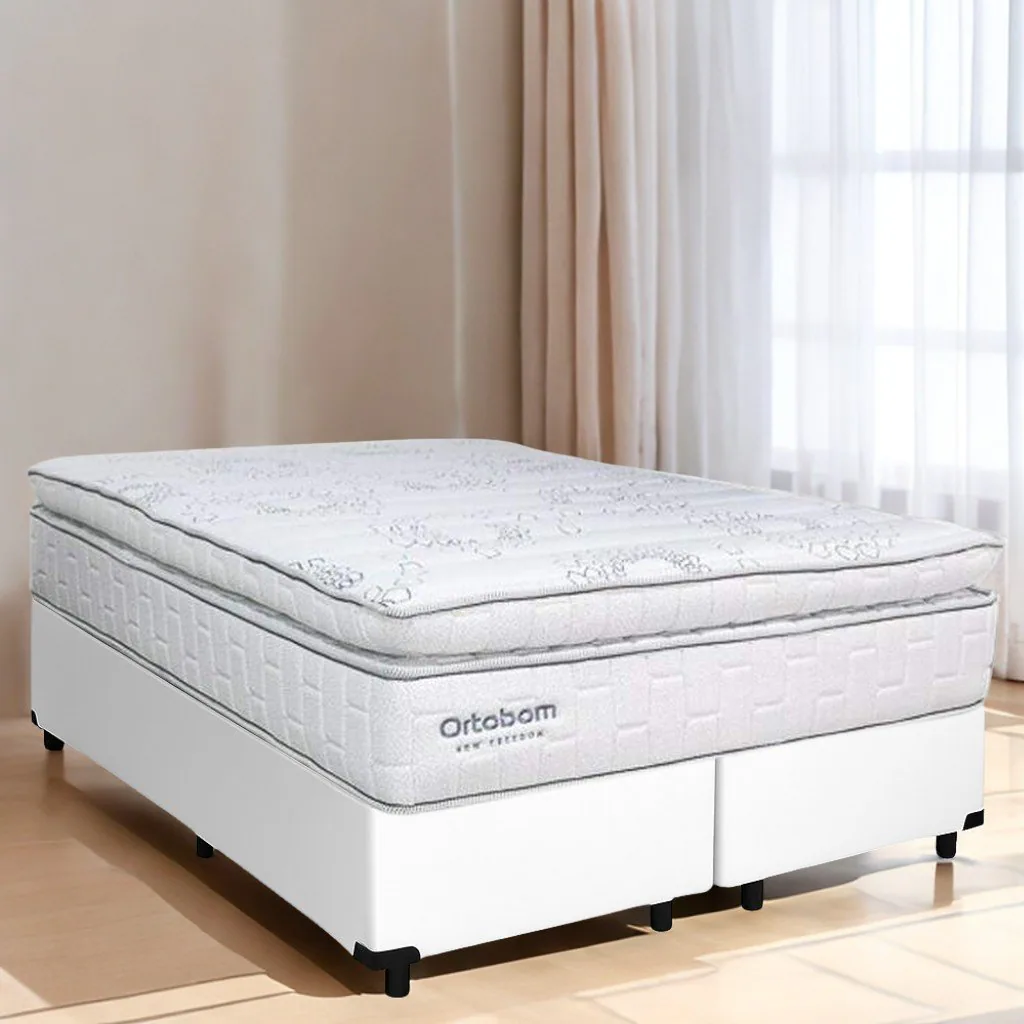 Colchão Queen New Freedom 32 cm D33 Molas Ensacadas + Base Simples Corino Branco – ORTOBOM + ALTO NÍVEL