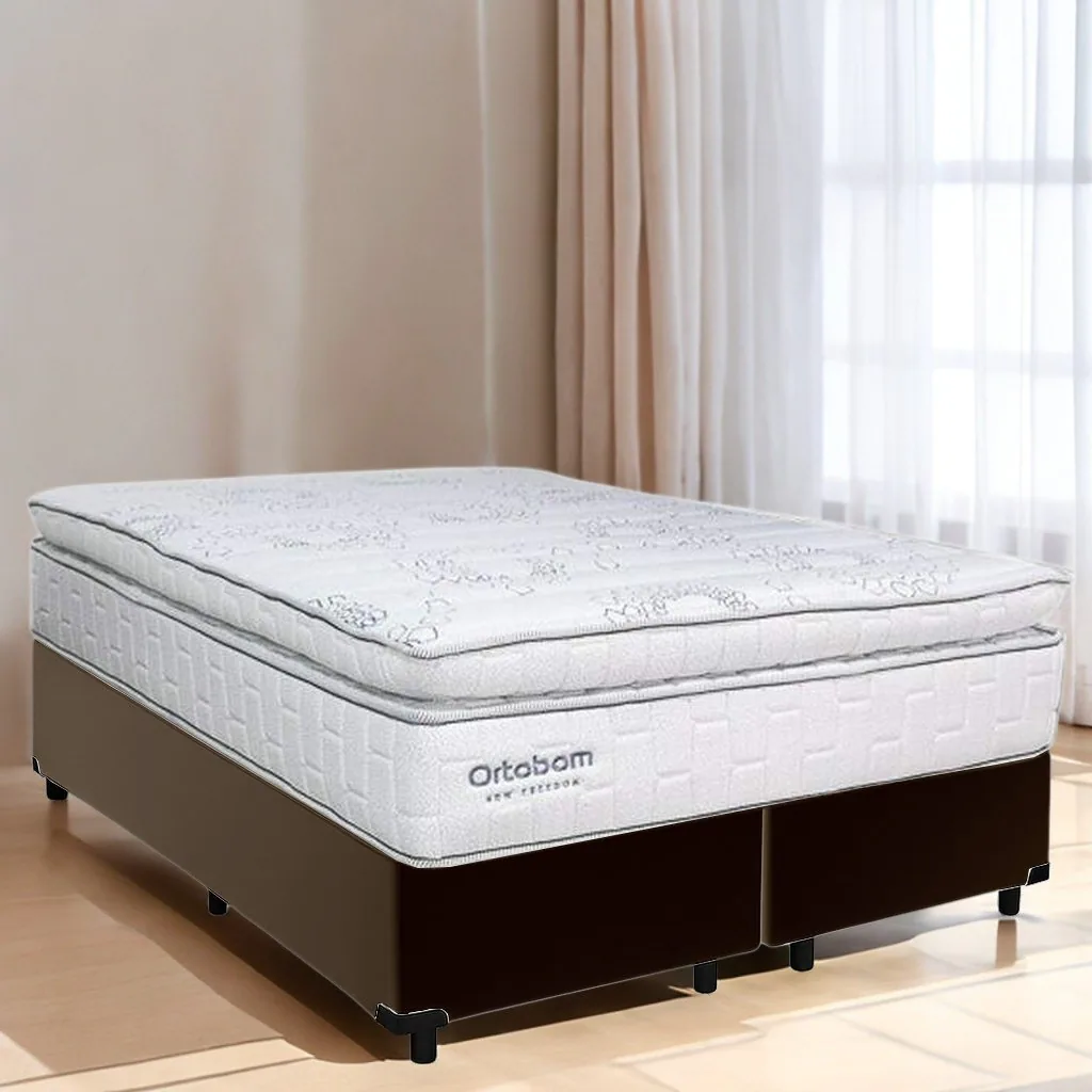 Colchão Queen New Freedom 32 cm D33 Molas Ensacadas + Base Simples Corino Marrom – ORTOBOM + ALTO NÍVEL