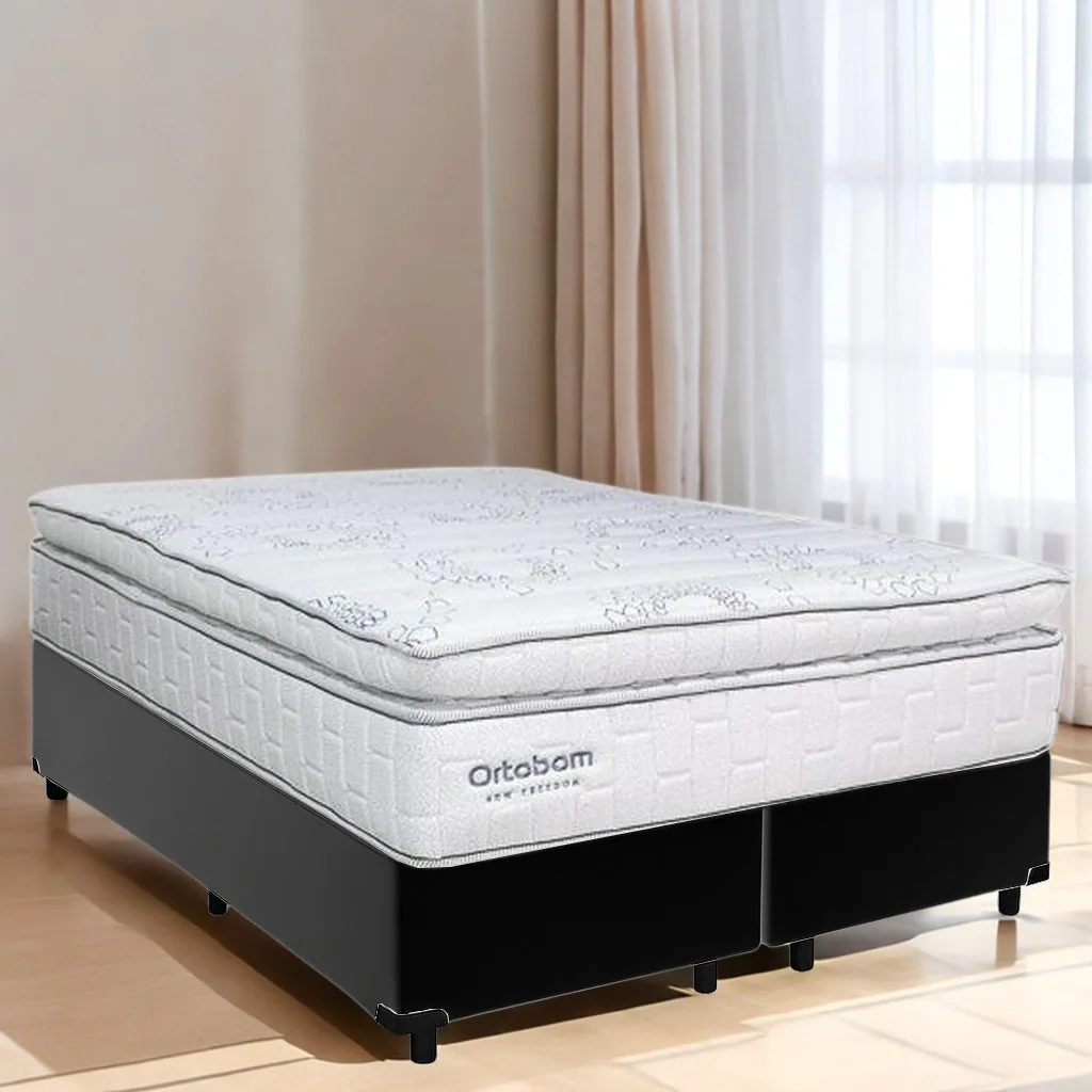Colchão Queen New Freedom 32 cm D33 Molas Ensacadas + Base Simples Corino Preto – ORTOBOM + ALTO NÍVEL