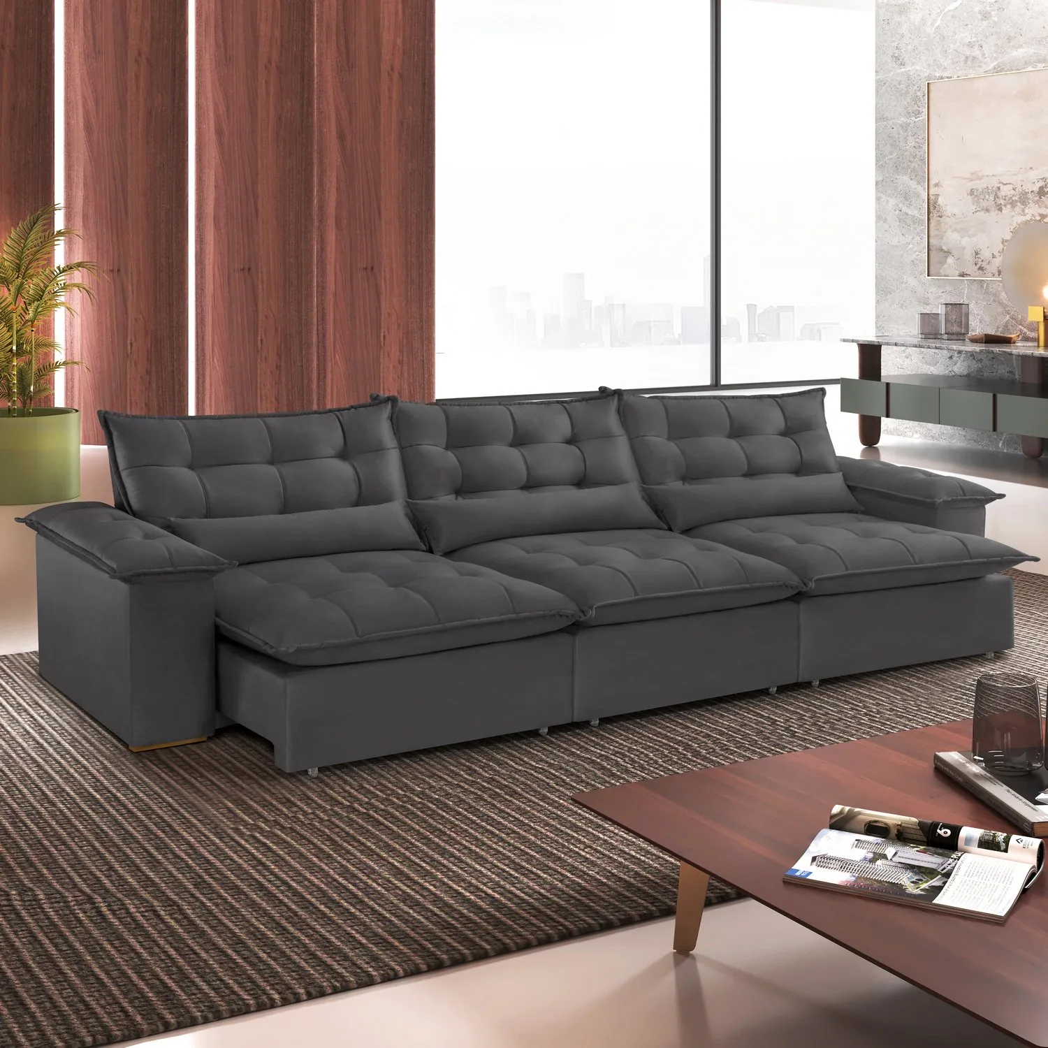 Sofá Retrátil e Reclinável Niger 3,10 m Veludo Cinza B010 – TREVO ESTOFADOS