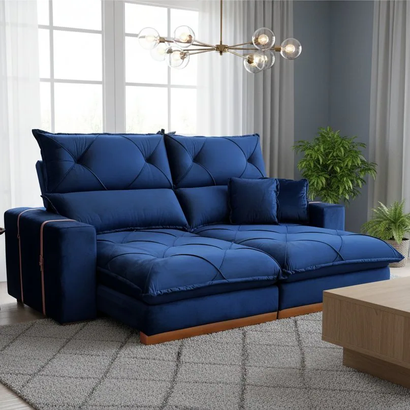 Sofá Retrátil e Reclinável Gran Bello Light 2,30 m Veludo Azul – QUINE ESTOFADOS