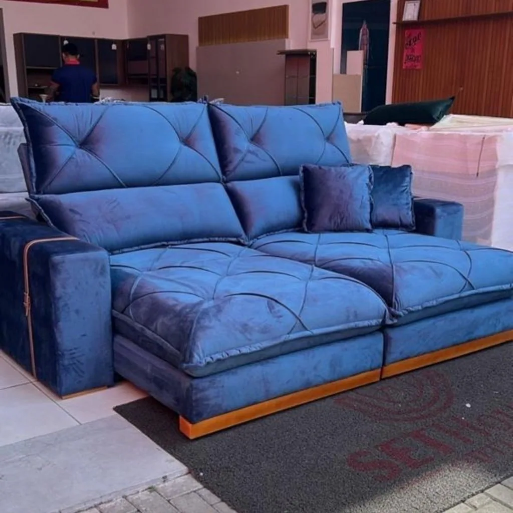 Sofá Retrátil e Reclinável Gran Bello Light 2,30 m Veludo Azul – QUINE ESTOFADOS