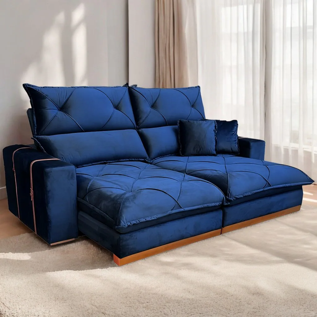 Sofá Retrátil e Reclinável Gran Bello Light 2,30 m Veludo Azul – QUINE ESTOFADOS