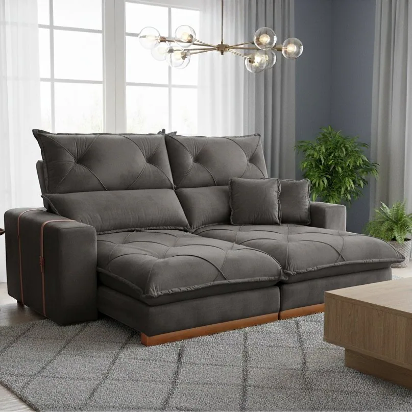 Sofá Retrátil e Reclinável Gran Bello Light 2,30 m Veludo Cinza – QUINE ESTOFADOS