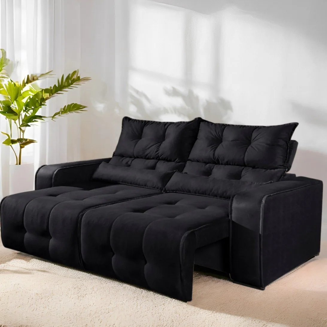 Sofá Retrátil e Reclinável Premier 2,00 m Veludo Preto 509 – DECORAR ESTOFADOS