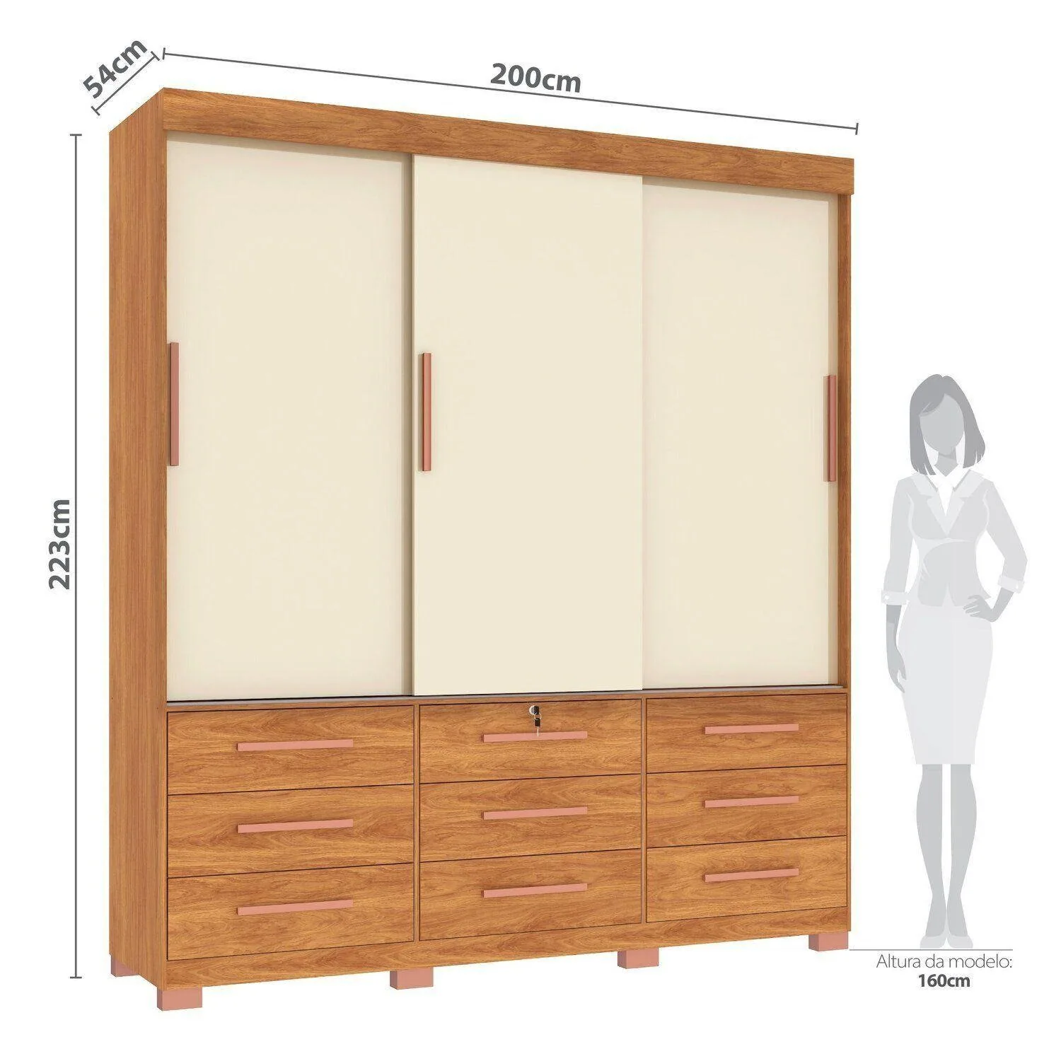 Guarda-Roupa 3 Portas Toronto RP1930 + Cômoda 5 Gavetas Malta CO250 Cinamomo/Off White/Cinamomo – FELLICCI