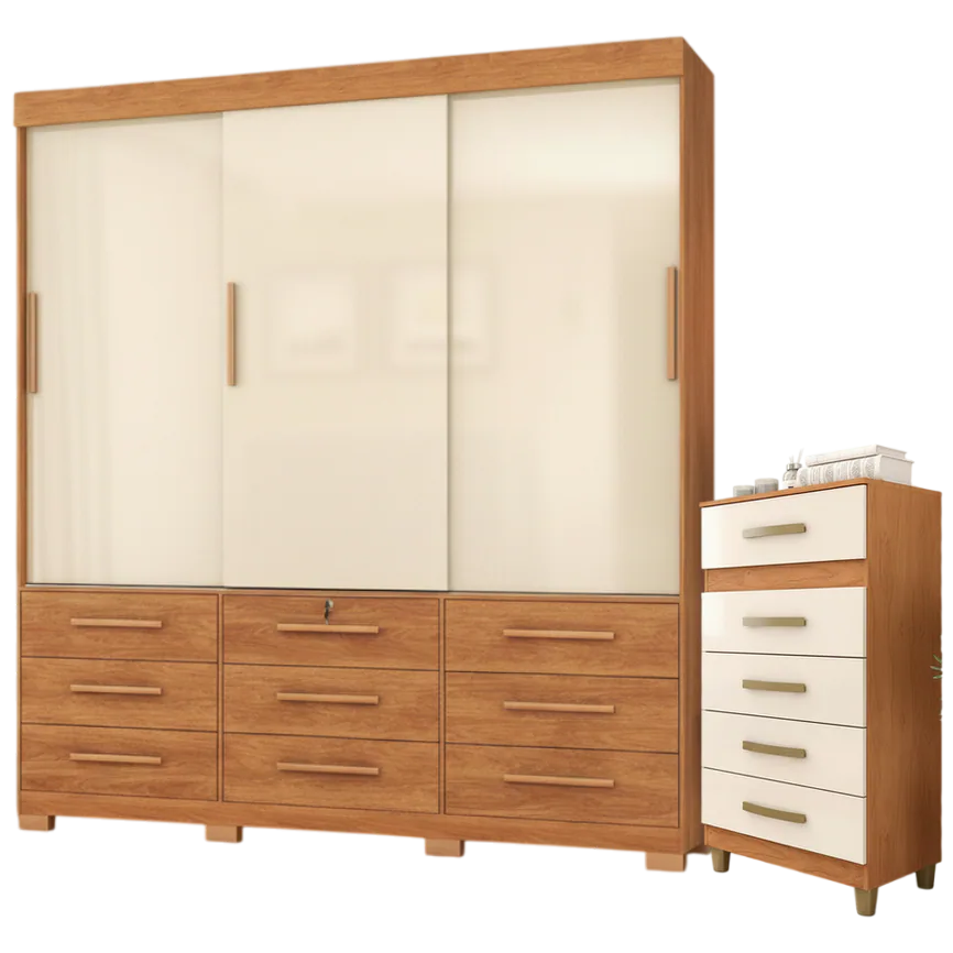 Guarda-Roupa 3 Portas Toronto RP1930 + Cômoda 5 Gavetas Malta CO250 Cinamomo/Off White/Cinamomo – FELLICCI