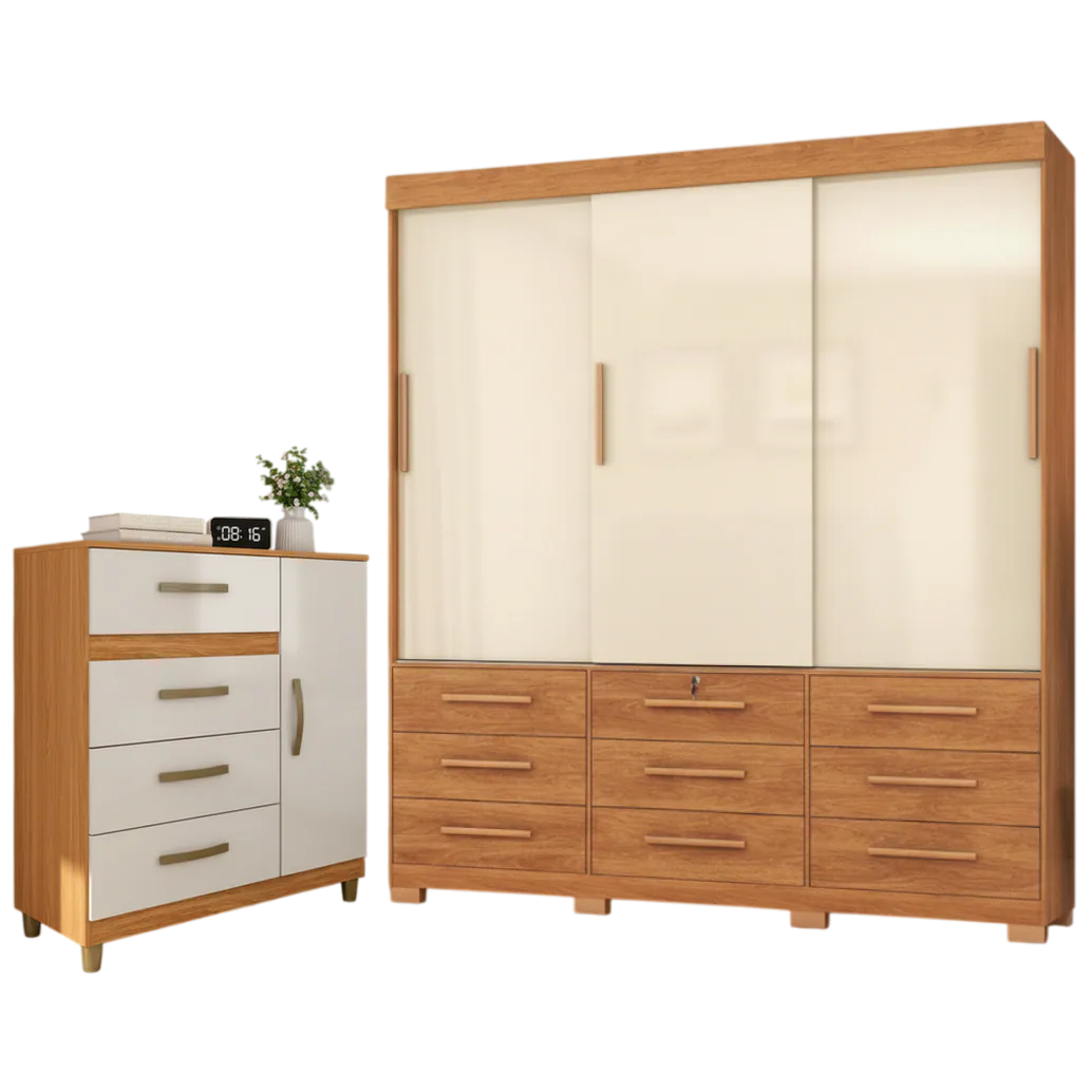 Guarda-Roupa 3 Portas Toronto RP1930 + Cômoda 4 Gavetas com Sapateira Leme CO240 Cinamomo/Off White/Cinamomo – FELLICCI