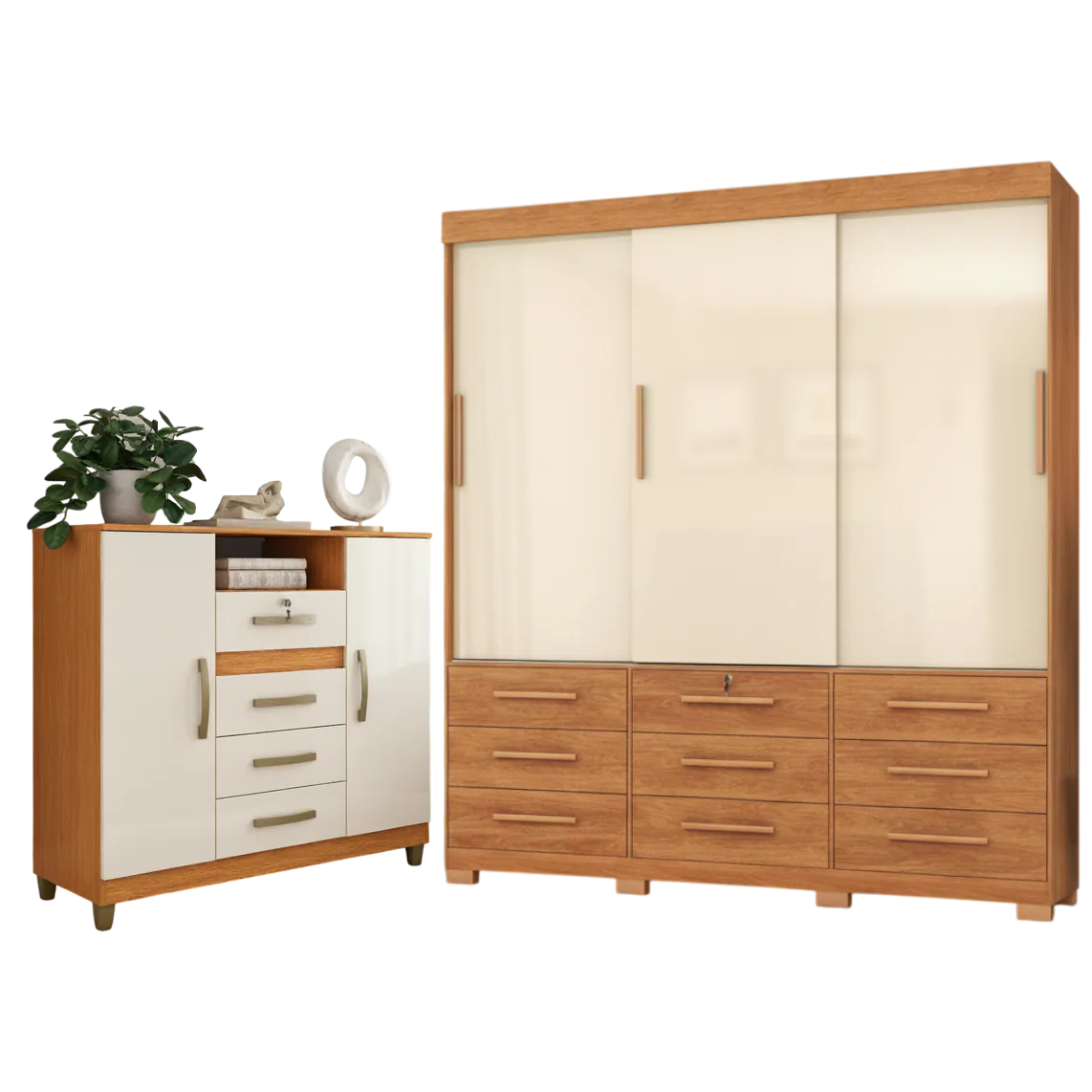 Guarda-Roupa 3 Portas Toronto RP1930 + Cômoda 4 Gavetas 2 Sapateiras Angra CO260 Cinamomo/Off White/Cinamomo – FELLICCI