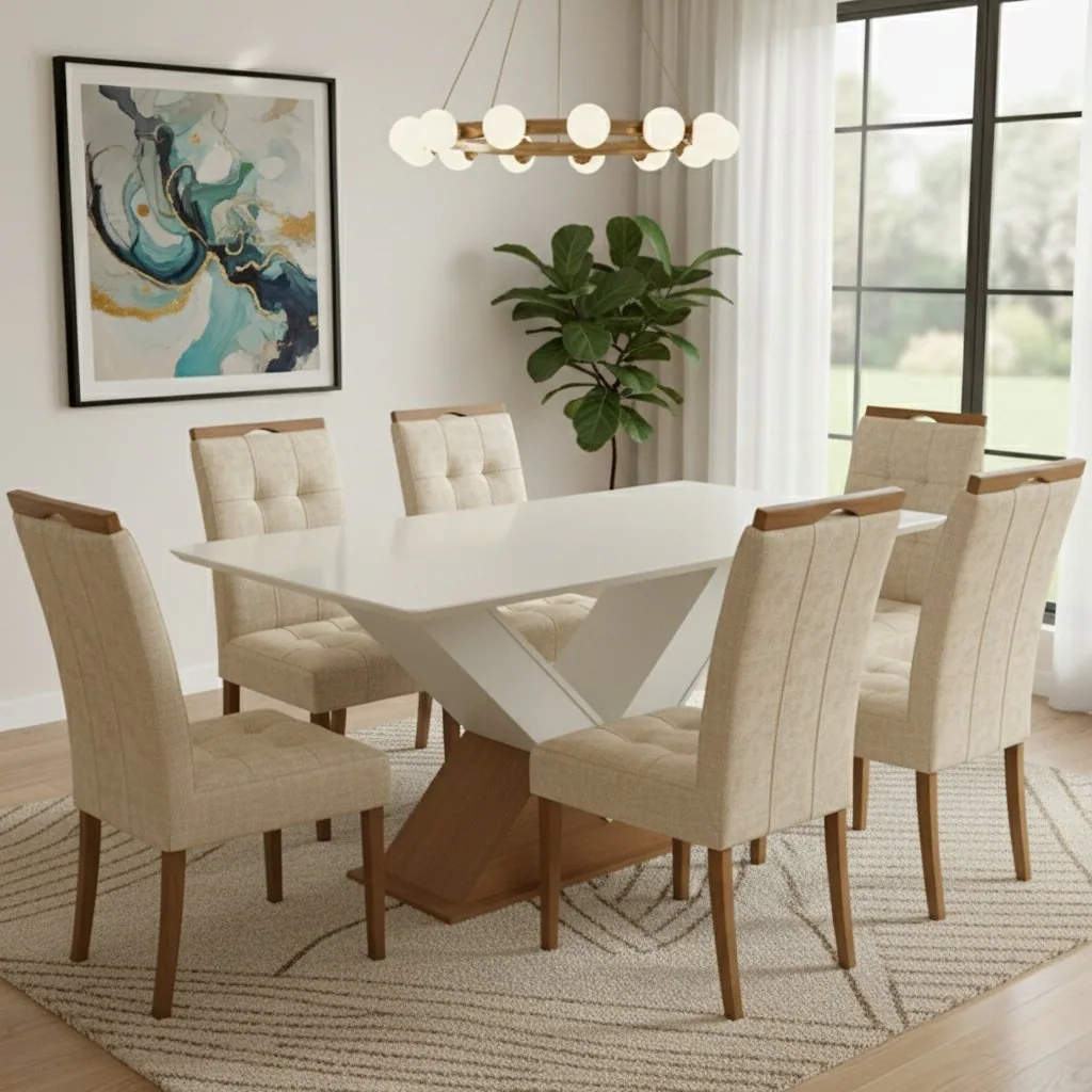 Mesa Amora BA35 160 Canela/Off White com 6 Cadeiras Sophia Linho Bege 200 – KAPPESBERG + WM DECOR