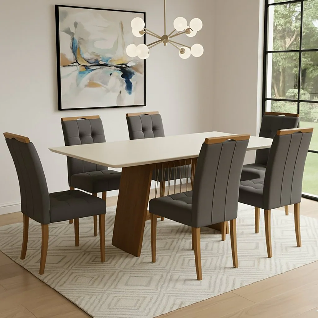 Mesa Damiana BA56 160 Canela/Off White com 6 Cadeiras Sophia Veludo Cinza Grafite – KAPPESBERG + WM DECOR
